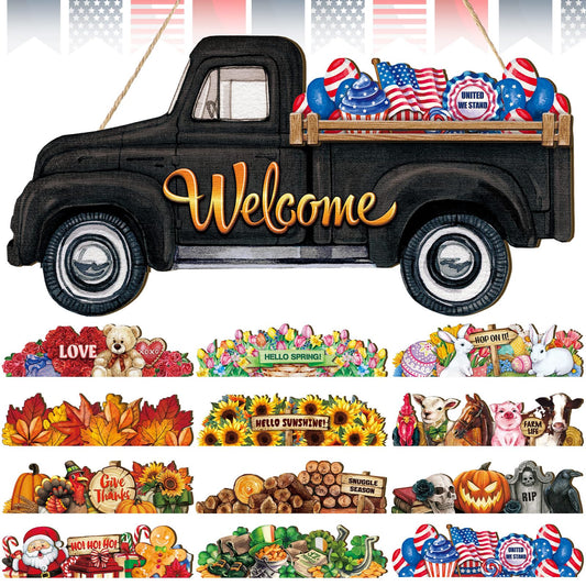 Ferraycle Independence Day Interchangeable Welcome Sign 4th of July Seasonal Truck Decor Door Signs with 12 Holiday Icons Rustic Farmhouse Interchangeable Holiday Decor(Black, Lateral Style)