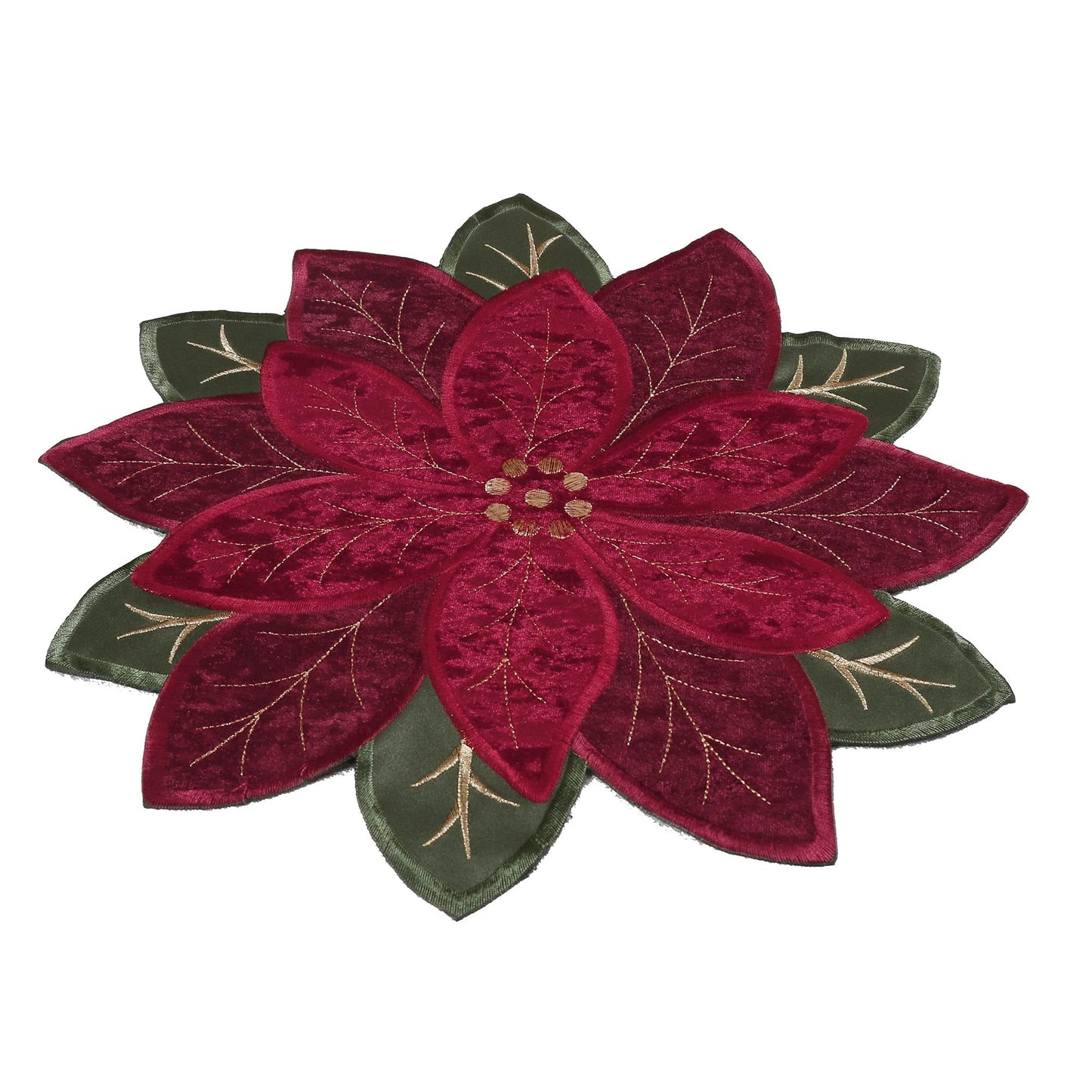 OWENIE Christmas Placemats Set of 4, Poinsettia Table Mats with Embroidered and Applique Velvet Fabric, 16 Inch x 16 Inch Diecut Placemat for XMAS Holiday Tabletop, Round Doilies for Dining Table, Red