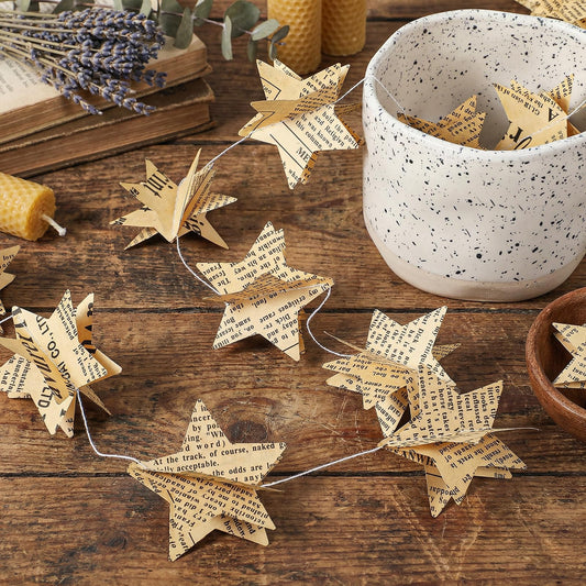 Star Garland Paper Chain Garland, 4 Pack Vintage Book Page Star Hanging Decor, Literary Themed Book Party Decorations, Library Decor, Classroom and Home Decoration(Brown)