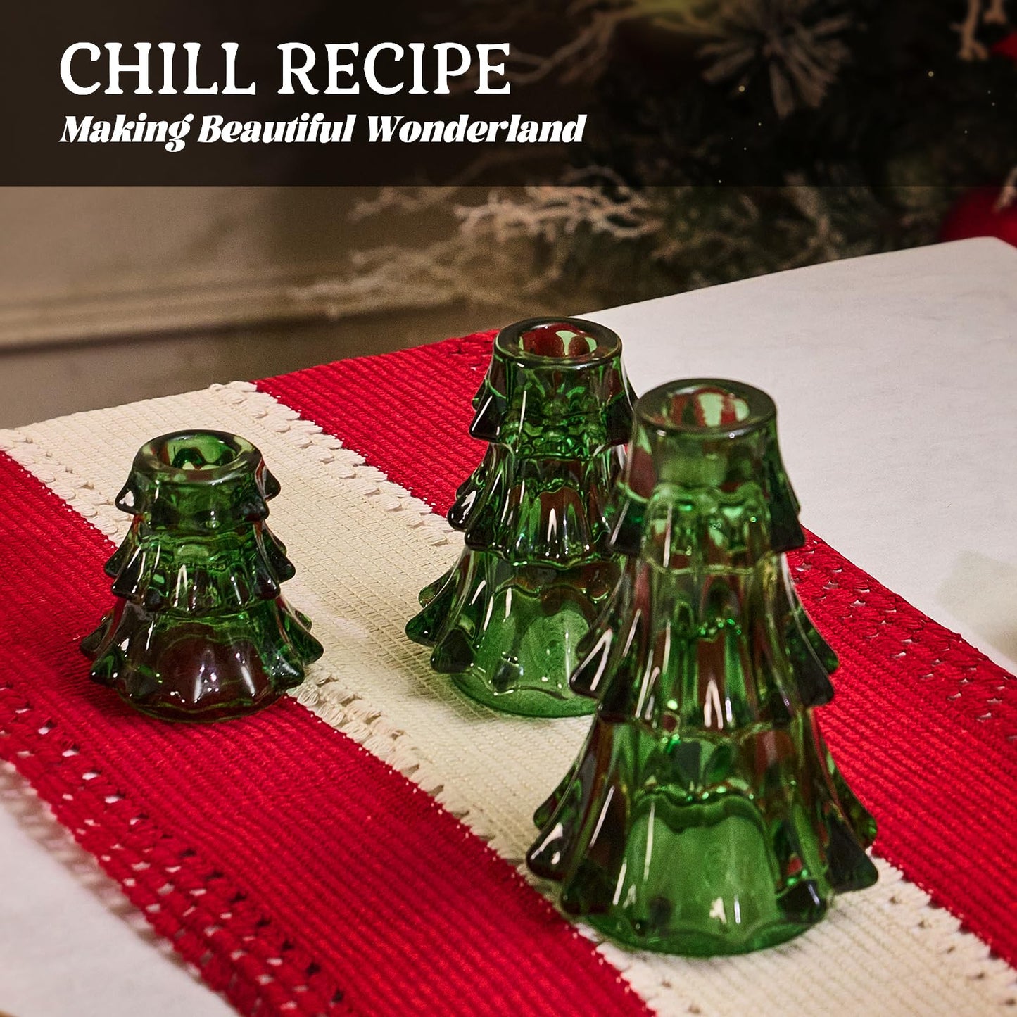 CHILL RECIPE Christmas Tree Candle Holders Xmas Glass Taper Candlestick Holders Thickened with Rubber Candle Grippers for Decoration Table Centerpiece Dinner Party Home Decor(Green 3Pcs &Box)