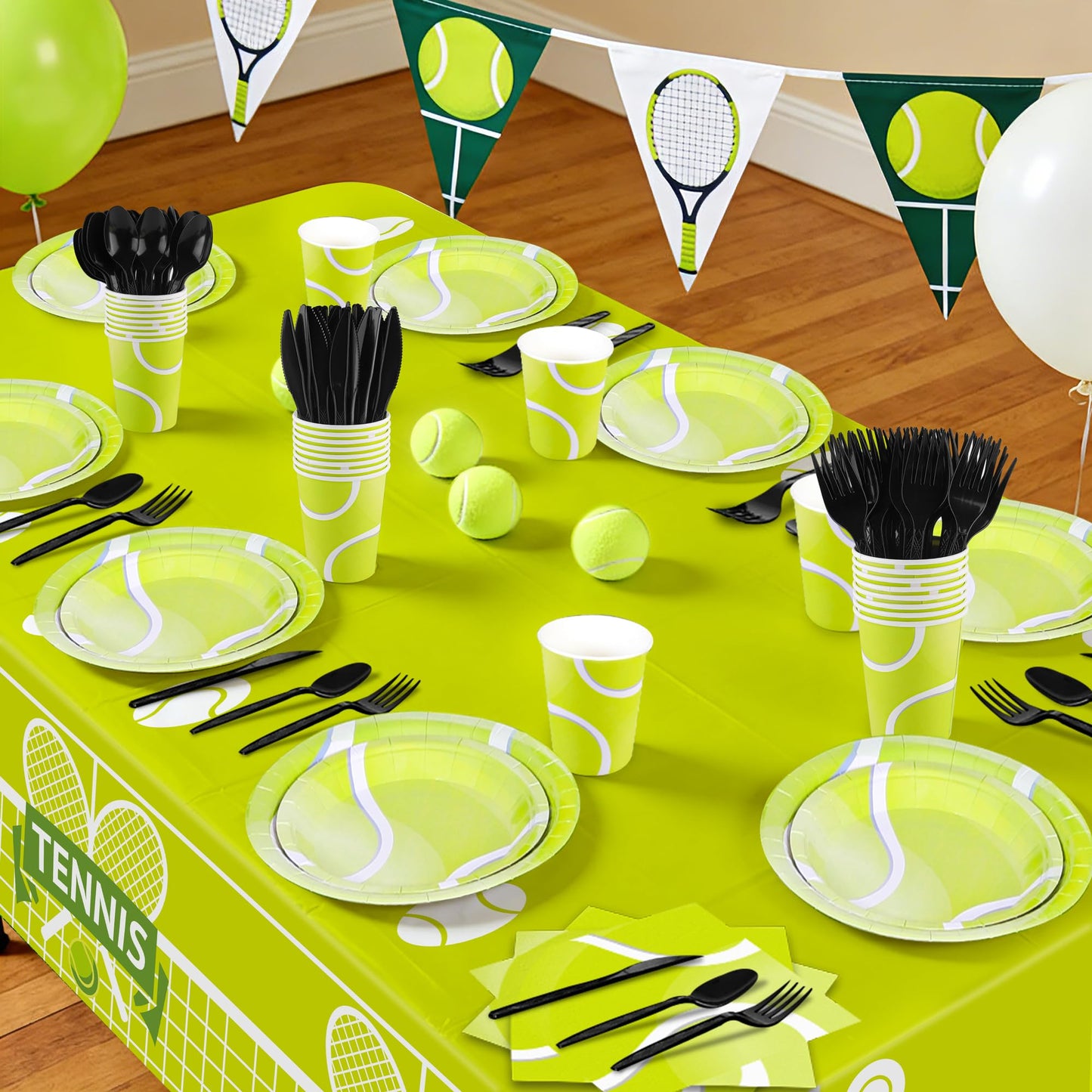 Kochorie 169 Pieces Tennis Party Supplies Disposable Tableware Set Includes Paper Plates Napkins Cups Plastic Tablecloth Knives Forks Spoons for Tennis Sports Theme Birthday Decor, Serve 24