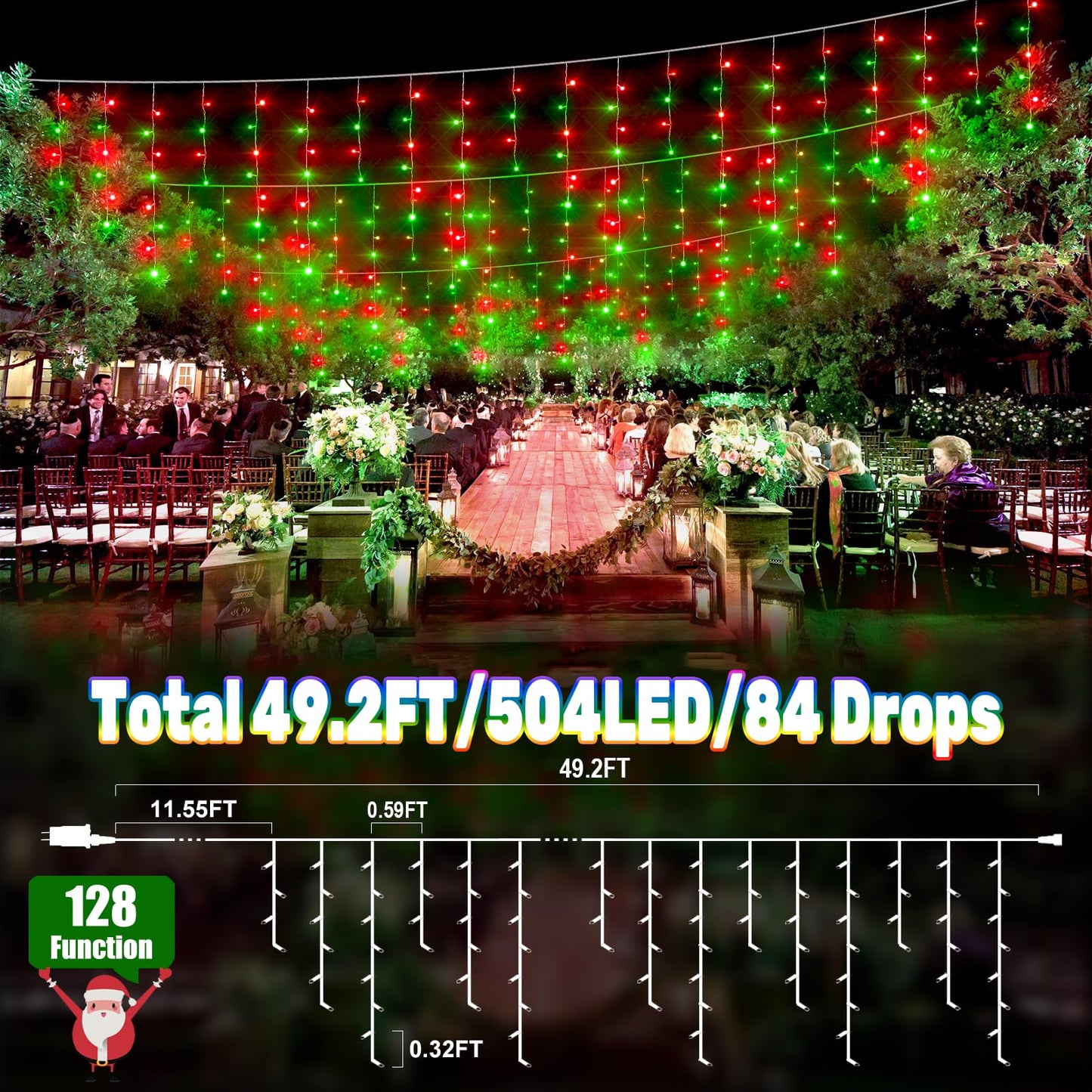 HGJ 49FT 128 Functions Christmas Icicle Lights Outdoor with 504 LED 8 Modes and Timer Curtain Lights Outside for Garden Holiday Gatherings Indoor Outdoor Decorations