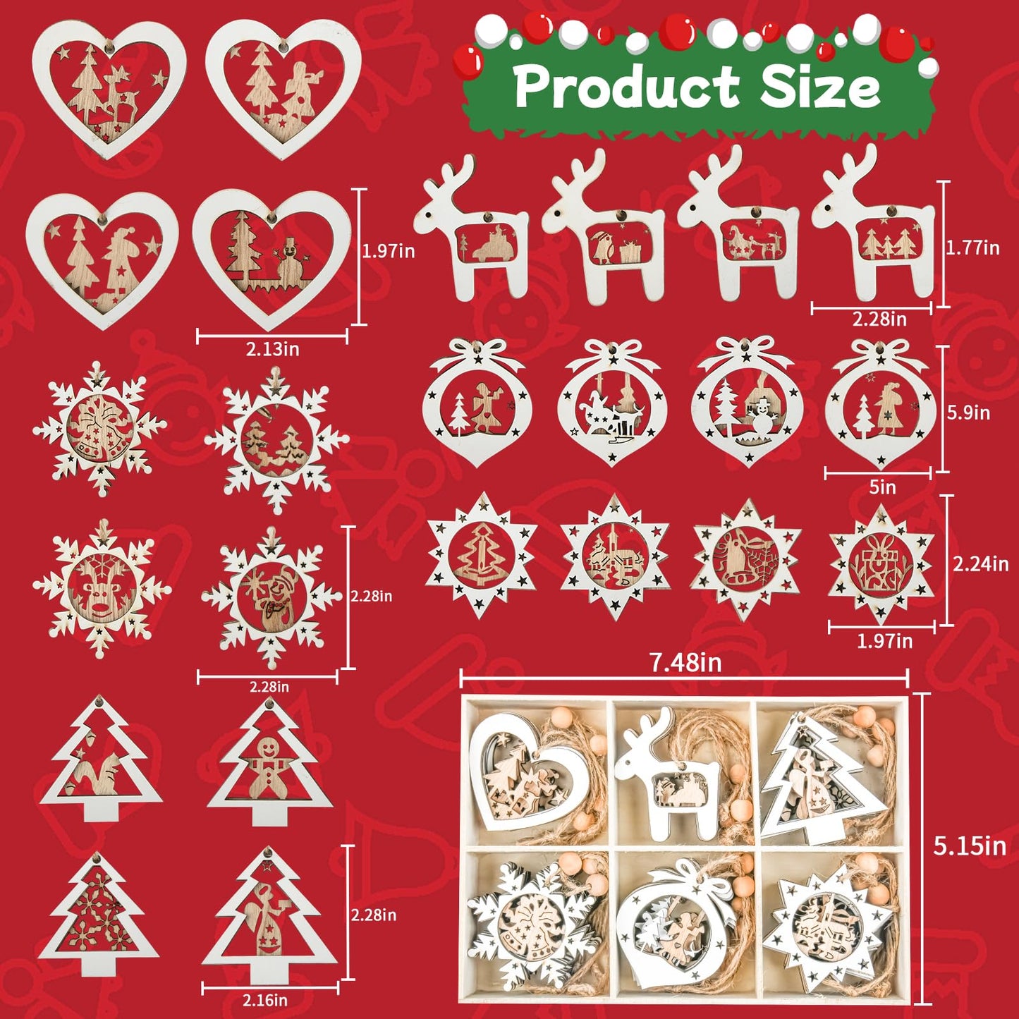 Christmas Tree Ornaments of Winter Wonderland, 24 Pack Christmas Wooden Hanging Craft Ornaments for 3D Rustic Farmhouse Christmas Decorations Gifts Home Party New Year Holiday Tree Decorations