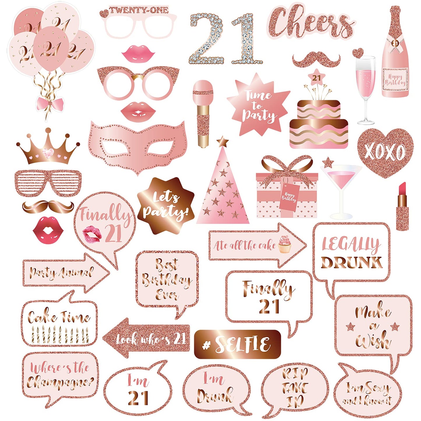 Rose Gold 21st Birthday Party Photo Booth Props Kit with Sticks for Girls Women - Selfie Props, Signs, Decorations & Favors