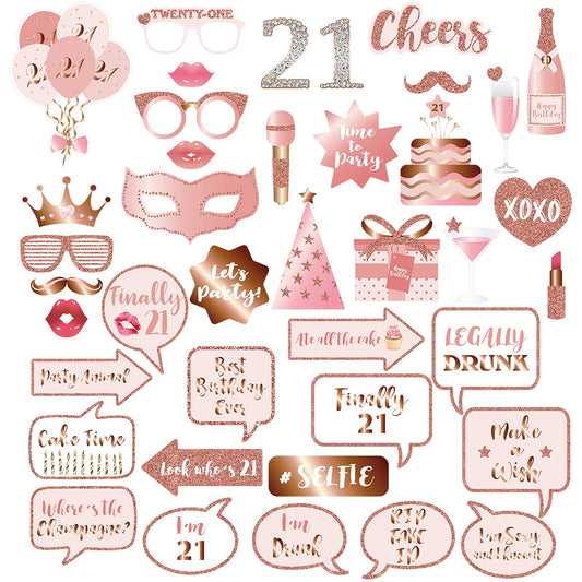 Rose Gold 21st Birthday Party Photo Booth Props Kit with Sticks for Girls Women - Selfie Props, Signs, Decorations & Favors