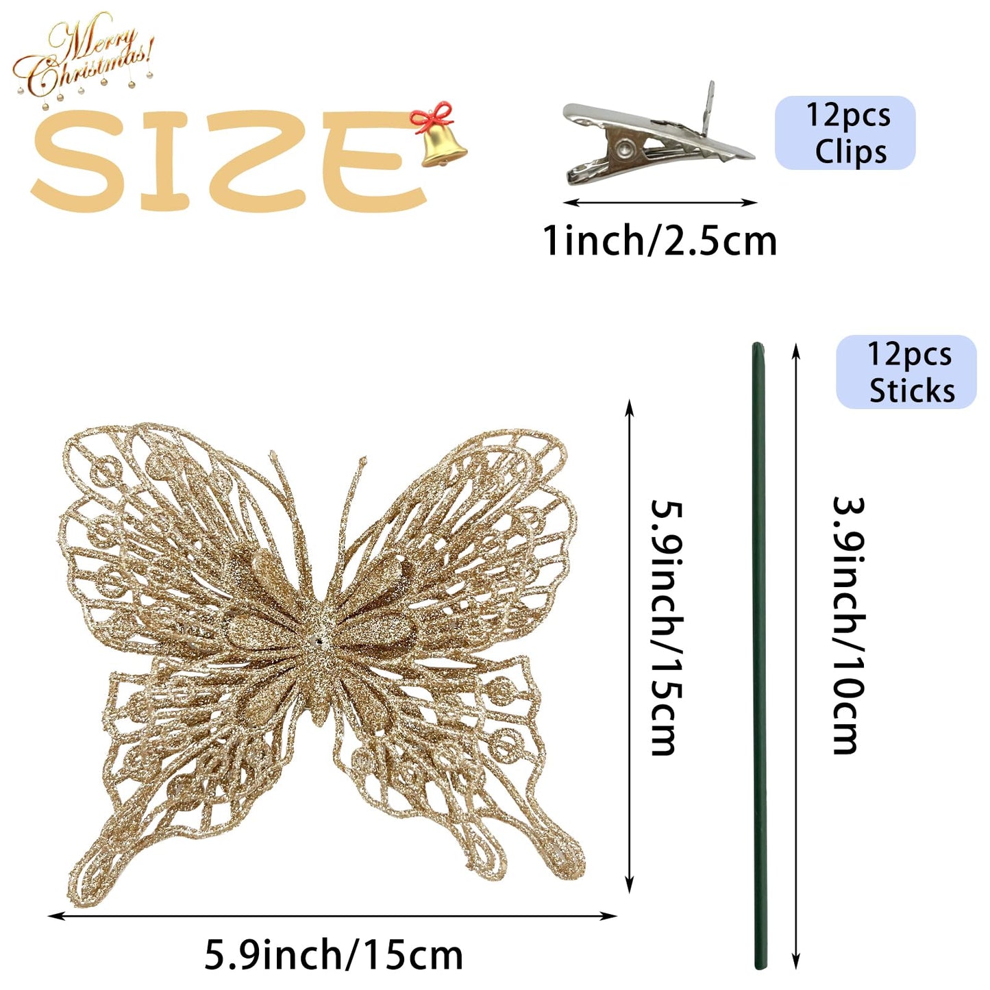 Butterfly Decorations Champagne Gold Glitter Christmas Tree Butterfly Ornaments Artificial Butterflies with Clip & Stem for Xmas Party Wreath Garland Decor - 12-Pack 5inch 3D Hollow Butterflies