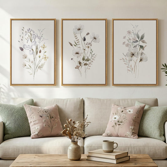 Framed Neutral Botanical Floral Wall Art, 3 Piece Modern Farmhouse Flower Canvas Artwork for Walls, Rustic Minimalist Wildflower Plant Painting Prints for Living Room Bedroom Hallway Home Decor, 16x24