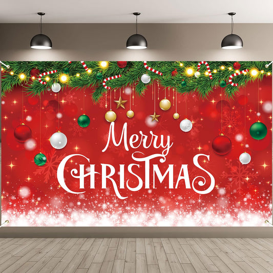 Merry Christmas Banner, Large Christmas Decorations Photo Banner Signs for Winter Indoor Outdoor Hanging Decor Wall Office Home Classroom, Red