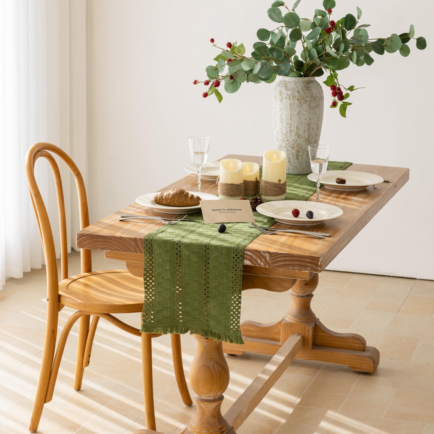 Keketoarrange Boho Sage Green Table Runner for Spring Home Decorations 12x72 Inches Farmhouse Small Macrame Woven Burlap Rustic Coffee Dresser Table Runner Dining Kitchen Centerpiece Bohemian Decor