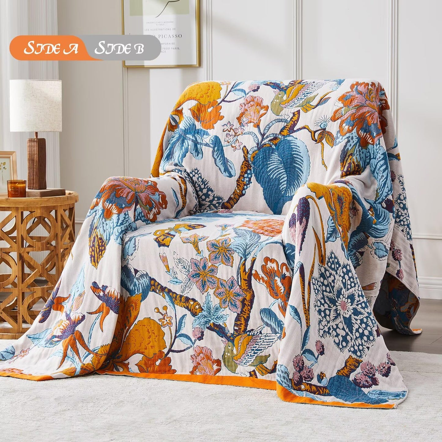 HBNDIL Boho Blanket Soft Muslin BohoThrow Blanket, 100% Cotton Floral Printed Farmhouse Decor All Season Reversible Rustic Throw for Sofa Couch Chair (Beige, 50"x60")