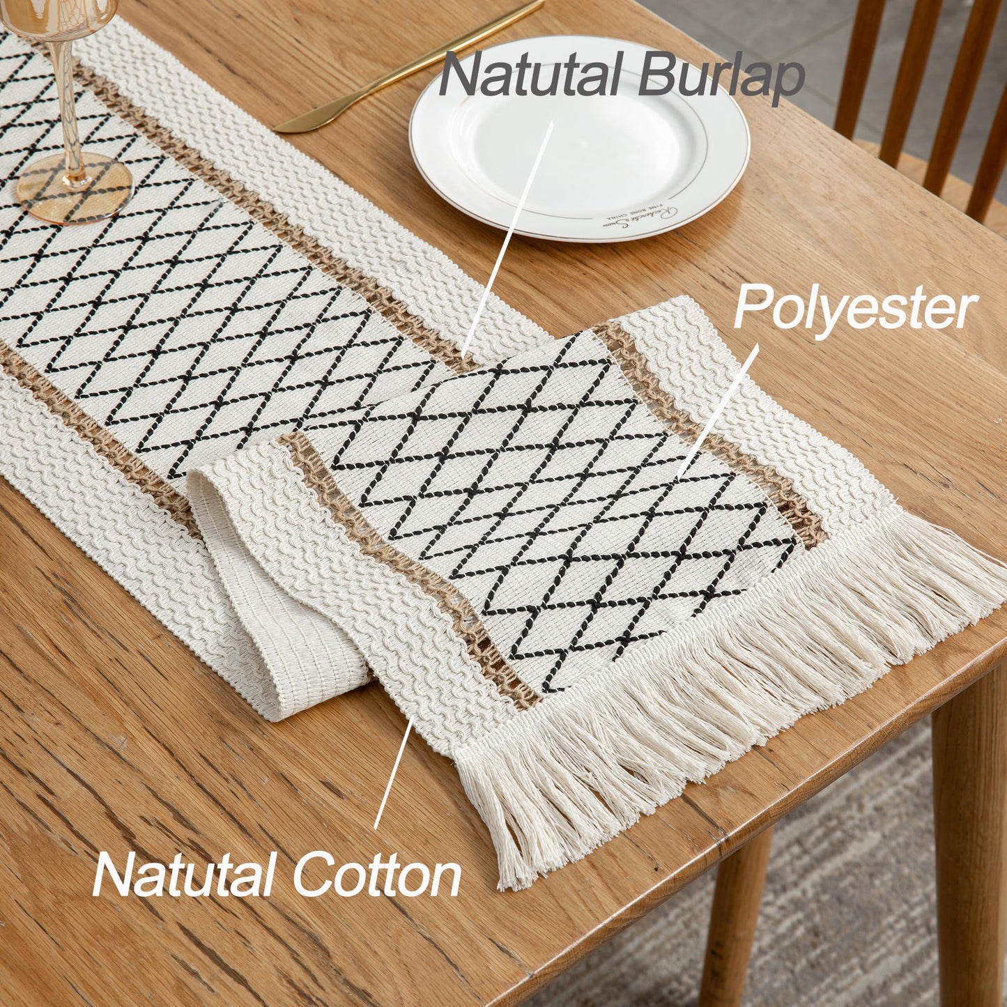 Mayler Yee Table Runner Linear End, Boho Style with Tassels, Cotton & Linen, Farmhouse Home Decor for Living Room Dresser Scarfs (12x72Inch, Black & Beige)