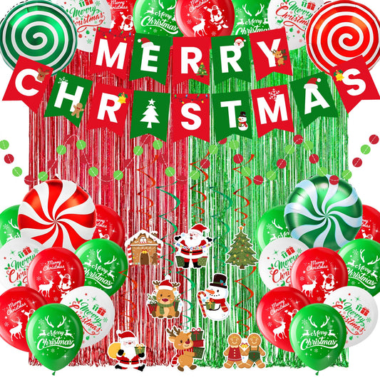 Christmas Party Supplies Decorations Set, Merry Christmas Banner, Foil Balloons, Hanging Swirls, Red and Green Metallic Fringe Curtains, Circle Dots Garland