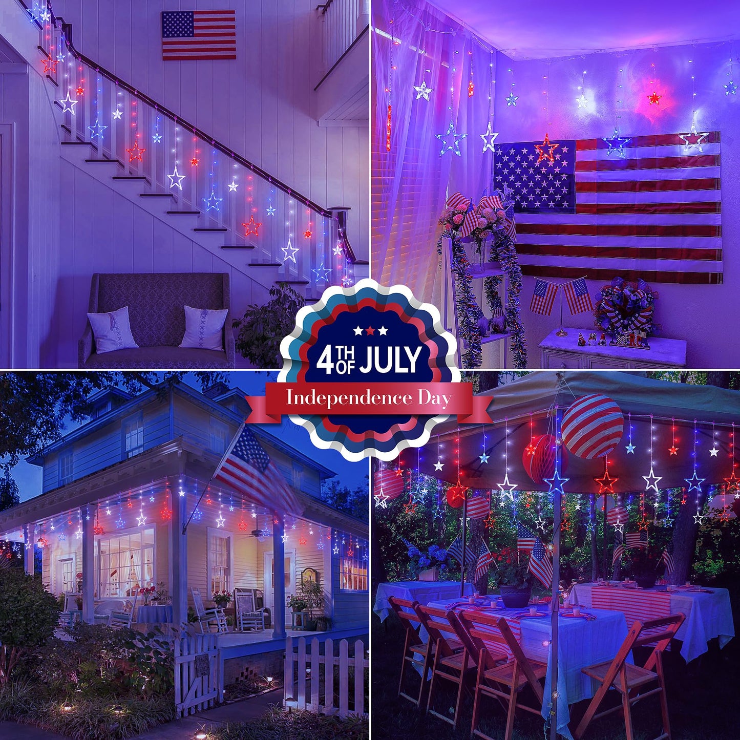 MYGOTO 4th of July Patriotic Star Icicle Lights,8.2ft 126LED red White and Blue Curtain String Waterproof, 8 Modes with Timer Connectable Independence Day Decorations Window Lights for Outdoor Indoor