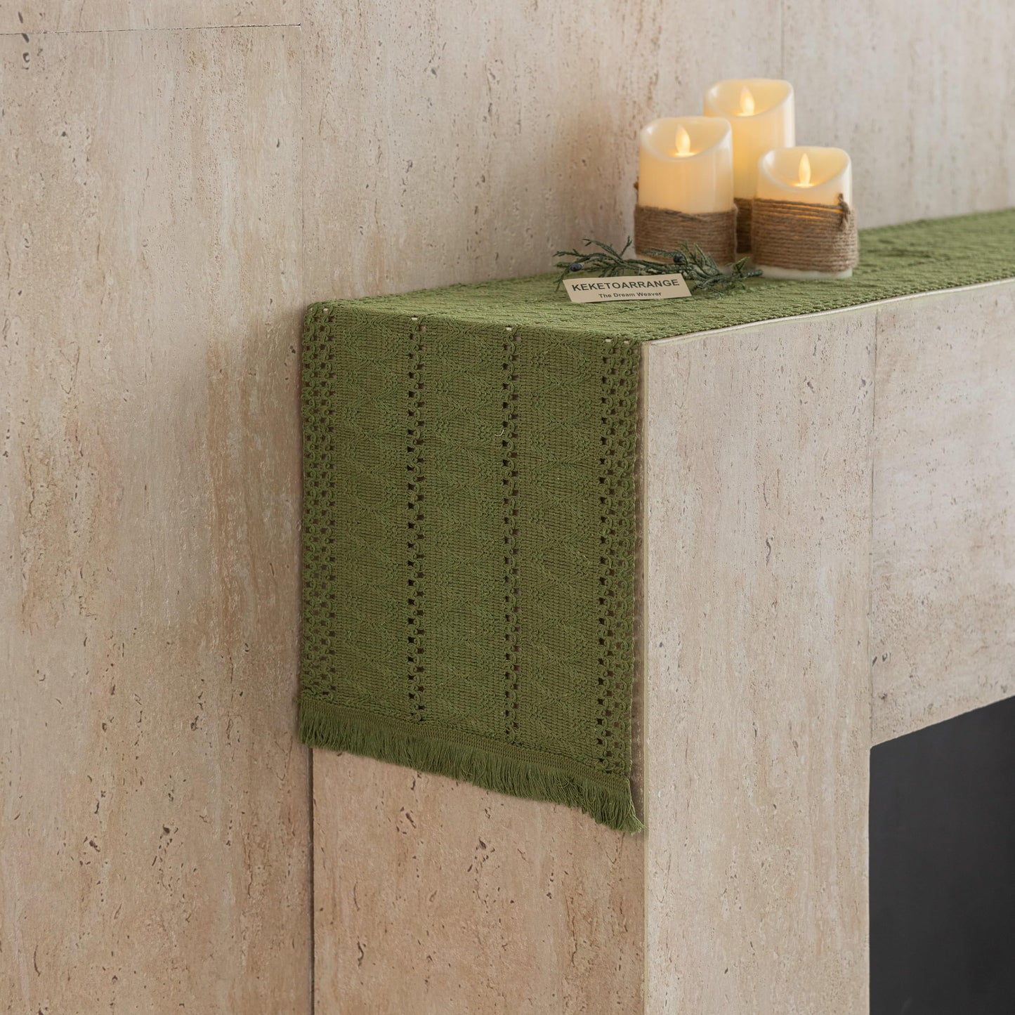 Keketoarrange Boho Sage Green Table Runner for Spring Home Decorations 12x72 Inches Farmhouse Small Macrame Woven Burlap Rustic Coffee Dresser Table Runner Dining Kitchen Centerpiece Bohemian Decor