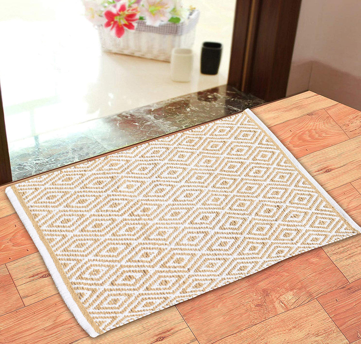 Ramanta Home 100% Cotton Diamond Handwoven Reversible Rug 21x34 Inch– Linen Soft Washable Area Rug for Bathroom, Kitchen, Bedroom, Entryway | Durable Lightweight Handmade Accent Floor Mat | Boho Décor