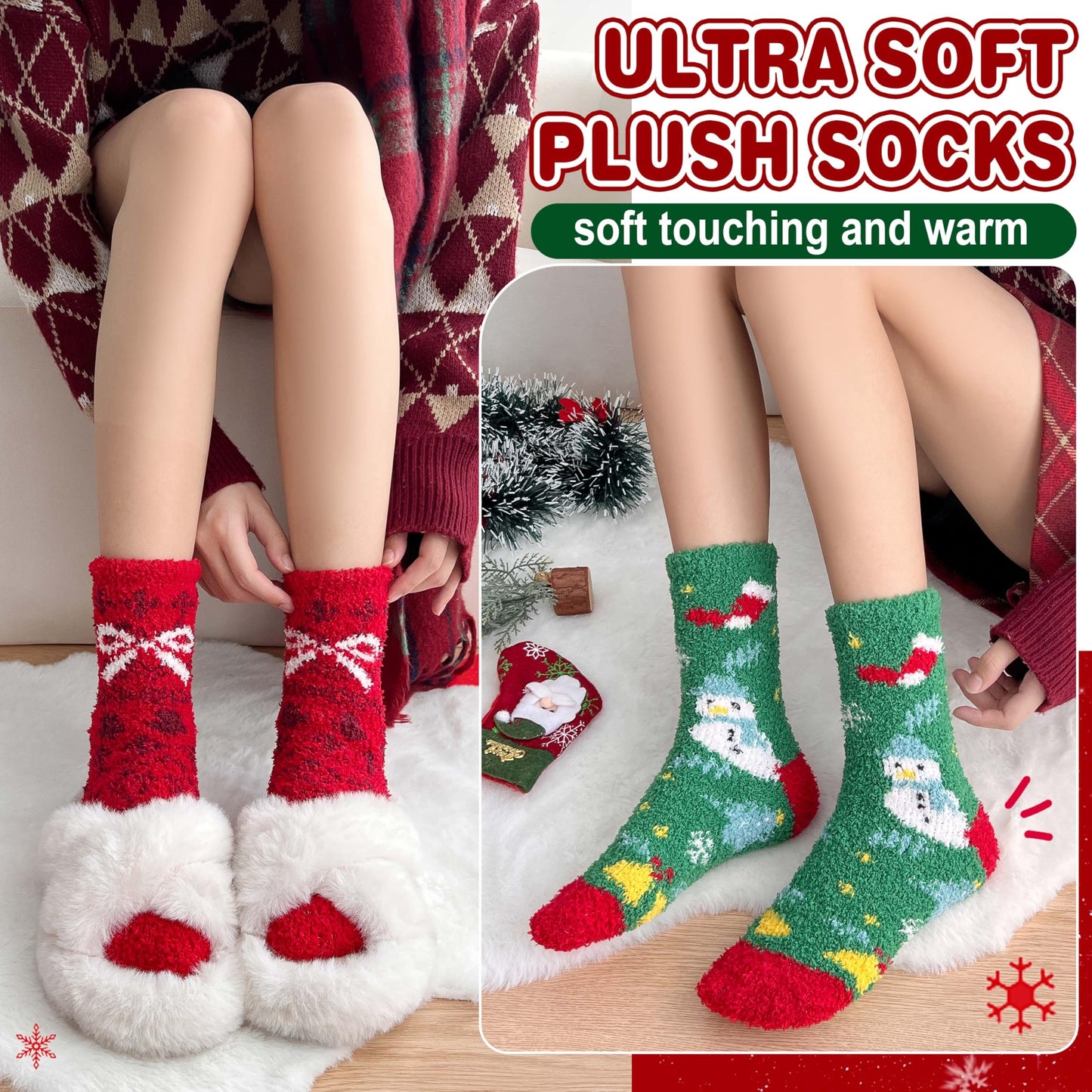 ProEtrade Fuzzy Socks for Women Teen Girls Fluffy Cozy Christmas Gift Cabin Holiday Winter Warm Fleece Thick Comfy Home Plush Cute Snowman Fun Soft Socks Stocking Stuffer(Santa Claus,M)