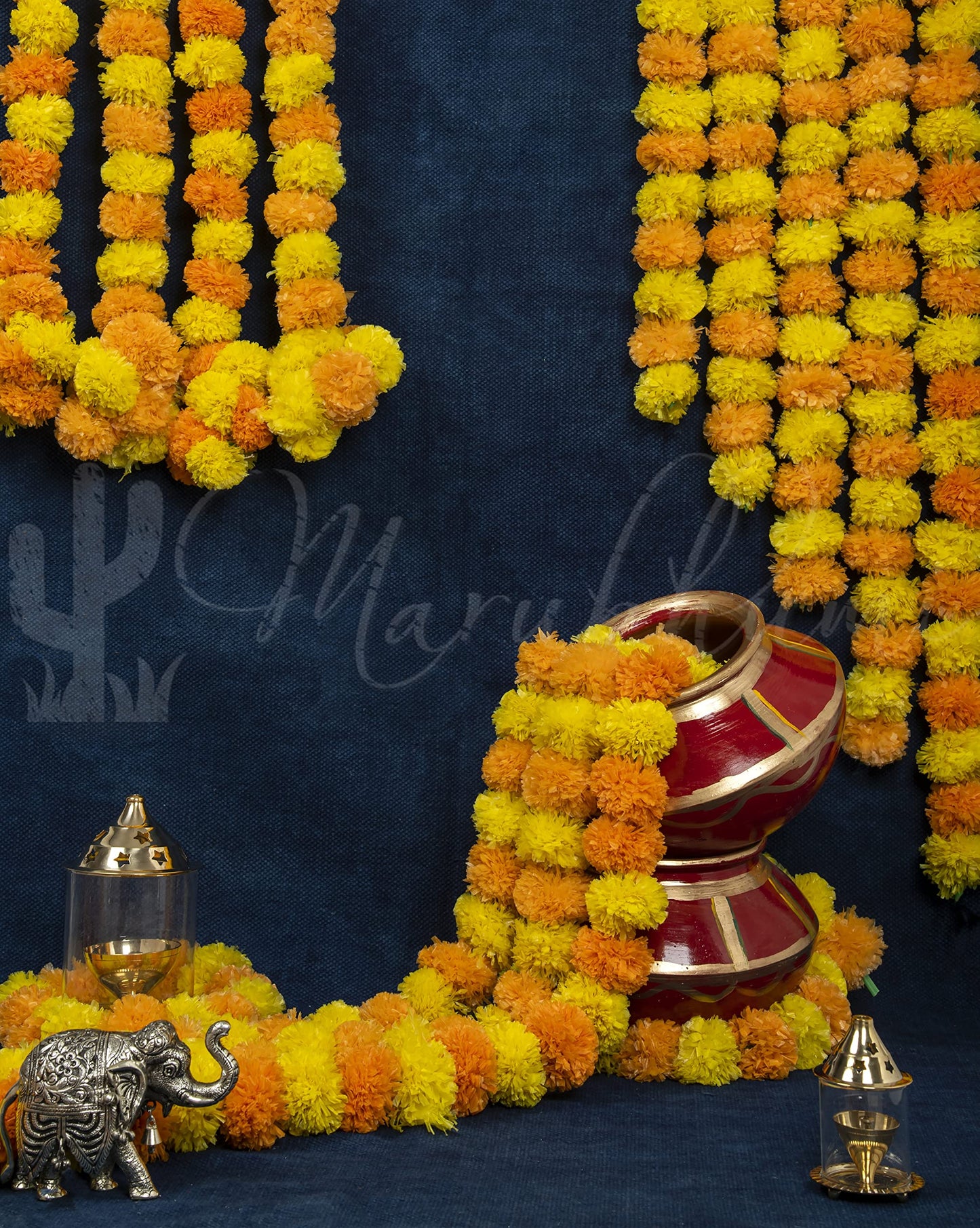 Marubhumi 5 PC - 5 feet Artificial Marigold Flower Garland – Long Strands for Diwali, Wedding & Festive Decoration – Traditional Indian Home Decor