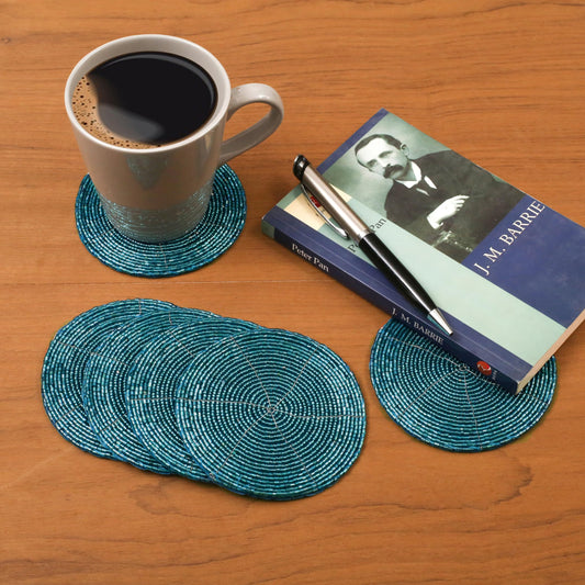 Handmade Beaded Coasters Set of 6, Teal Blue Circular Pattern Decorative Drink Coasters for Coffee Table, Dining Room Table, Wedding Party, Birthday Gift - 4 Inch - Teal