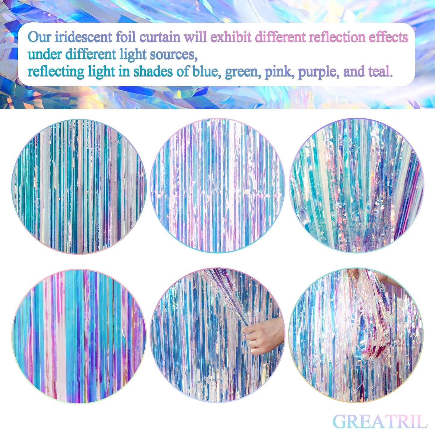 Iridescent Party Streamers Backdrop - GREATRIL Neon Transparent Holographic Tinsel Foil Fringe Curtain for Mermaid/Frozen/Sea/Euphoria/ERAS Party Theme Decorations 3.2ft x 6.5ft 2 PCS