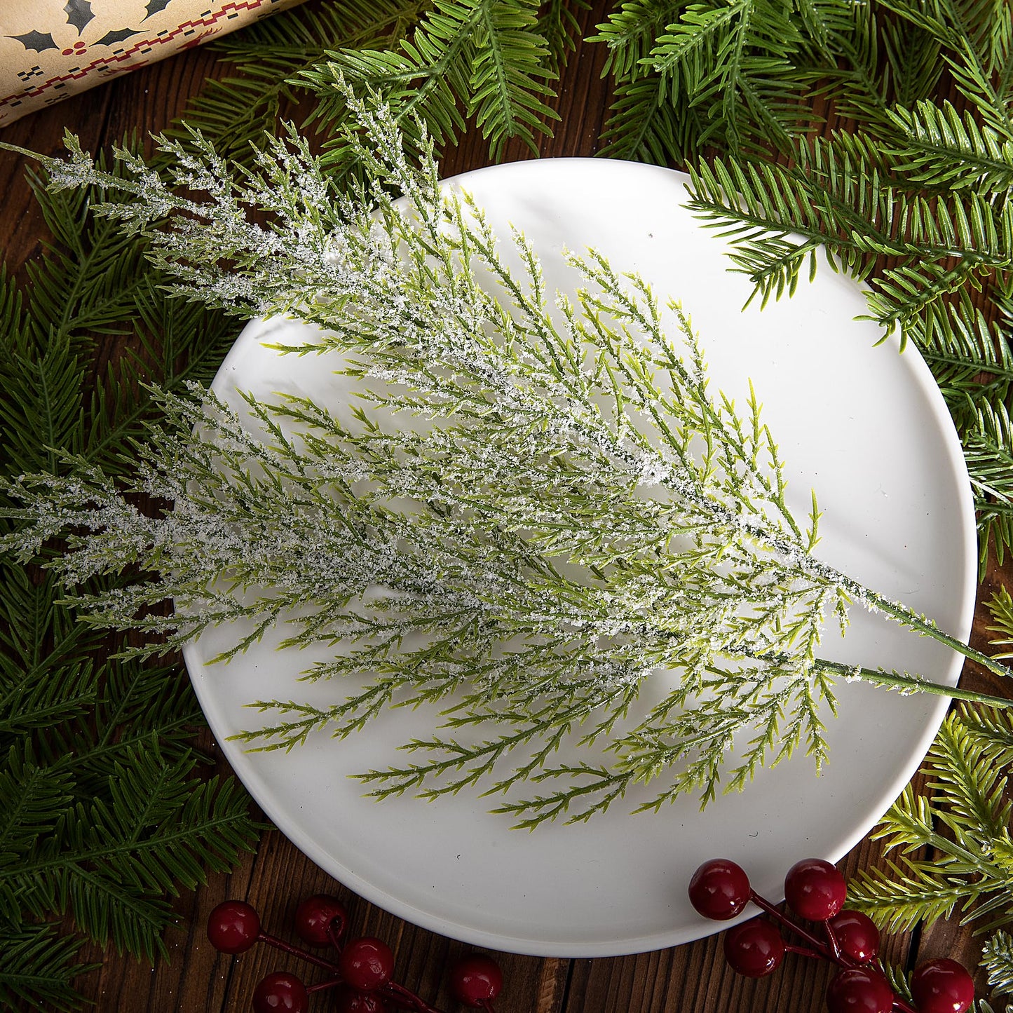 Alpurple 30 Pcs Christmas Snow Frosted Pine Branches- 13.5" Snowy Artificial Pine Needles Branches Twigs- Greenery Ceder Sprigs Pine Picks Stems for Christmas Wreath Home Garden Decoration