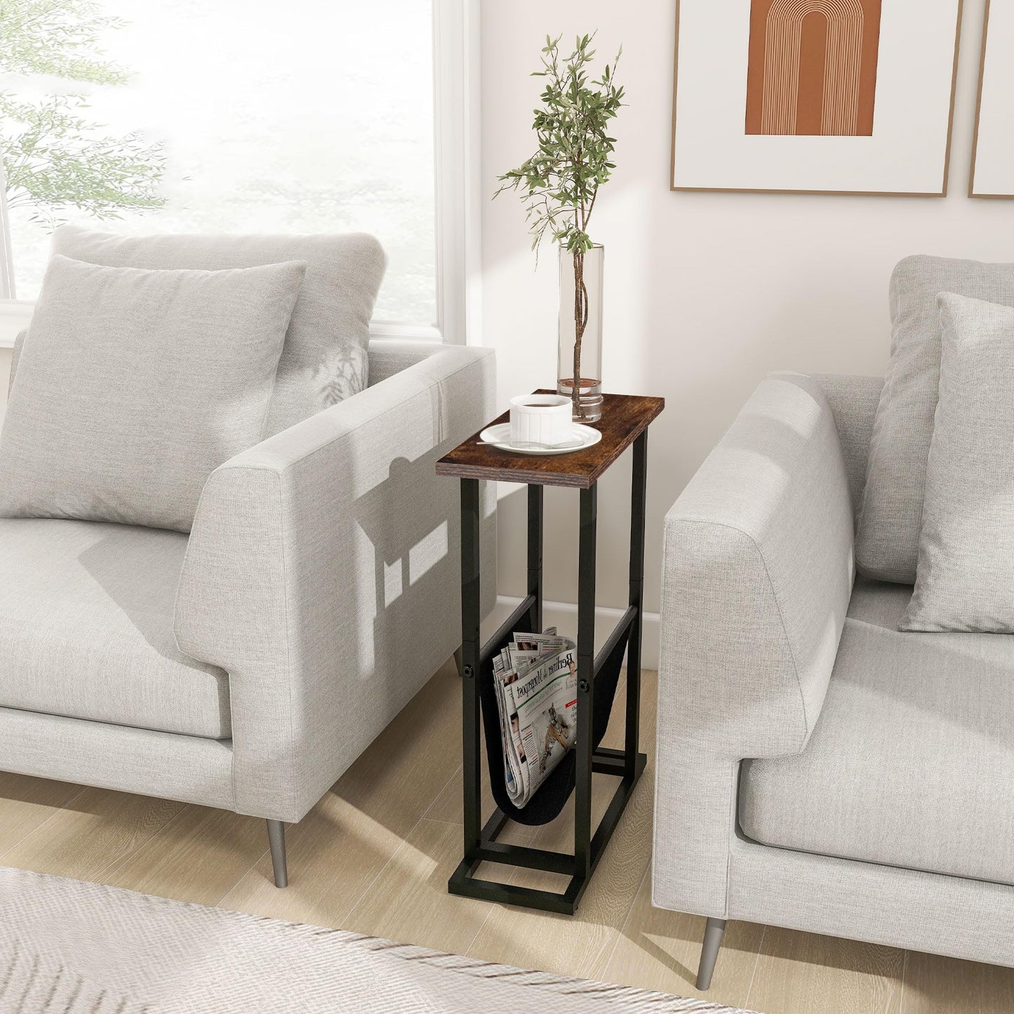FLYJOE Narrow Side Table with PU Leather Magazine Holder Rustic Slim Little Thin Table for Living Room, Bedroom, Sofa, Rustic Brown