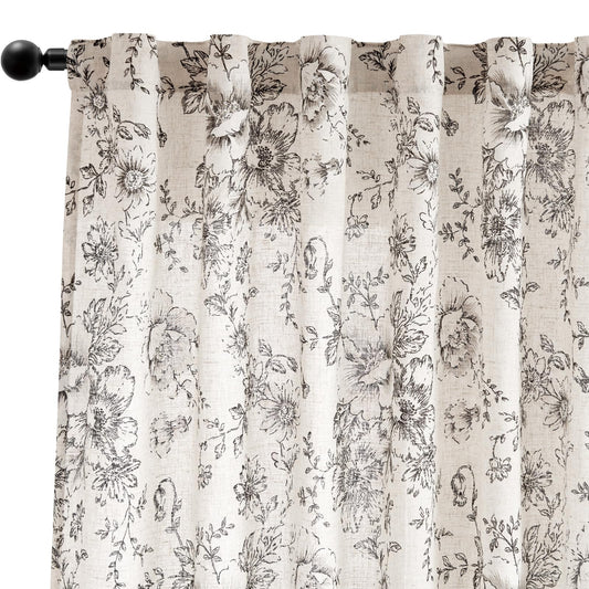 jinchan Floral Curtains for Living Room 84 Inch Length Farmhouse Printed Curtain Rod Pocket Back Tab Black Peony Flower Patterned Drapes Bedroom Window Curtains Set 2 Panels 25% Linen 75% Polyester