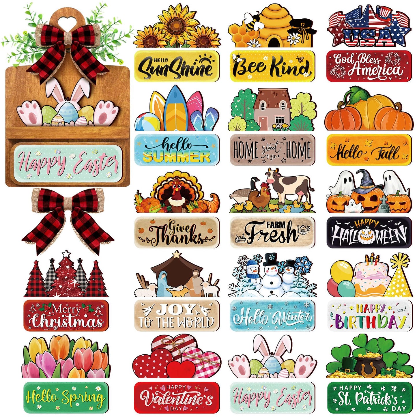 GlikCeil 37 Pcs Interchangeable Seasonal Decor Farmhouse Breadboard Interchangeable Seasonal Tier Tray Decor Holiday Halloween Thanksgiving Christmas Wooden Decoration with Bow for Table Kitchen