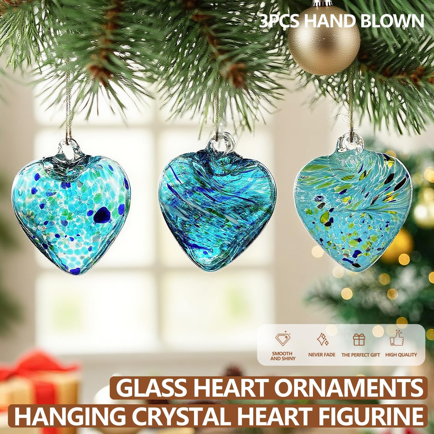 Set of 3 Handmade Glass Heart Ornaments 3.5 Inch Hanging Decoration for Home Garden Wedding Party Decor