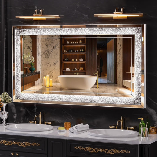 WINNICE 47" x 26" LED Diamond Wall Mirror with Dimming & Anti-Fog, Large Crystal Decorative Mirror for Bathroom, Bedroom, Living Room, Vertical or Horizontal Wall Mount