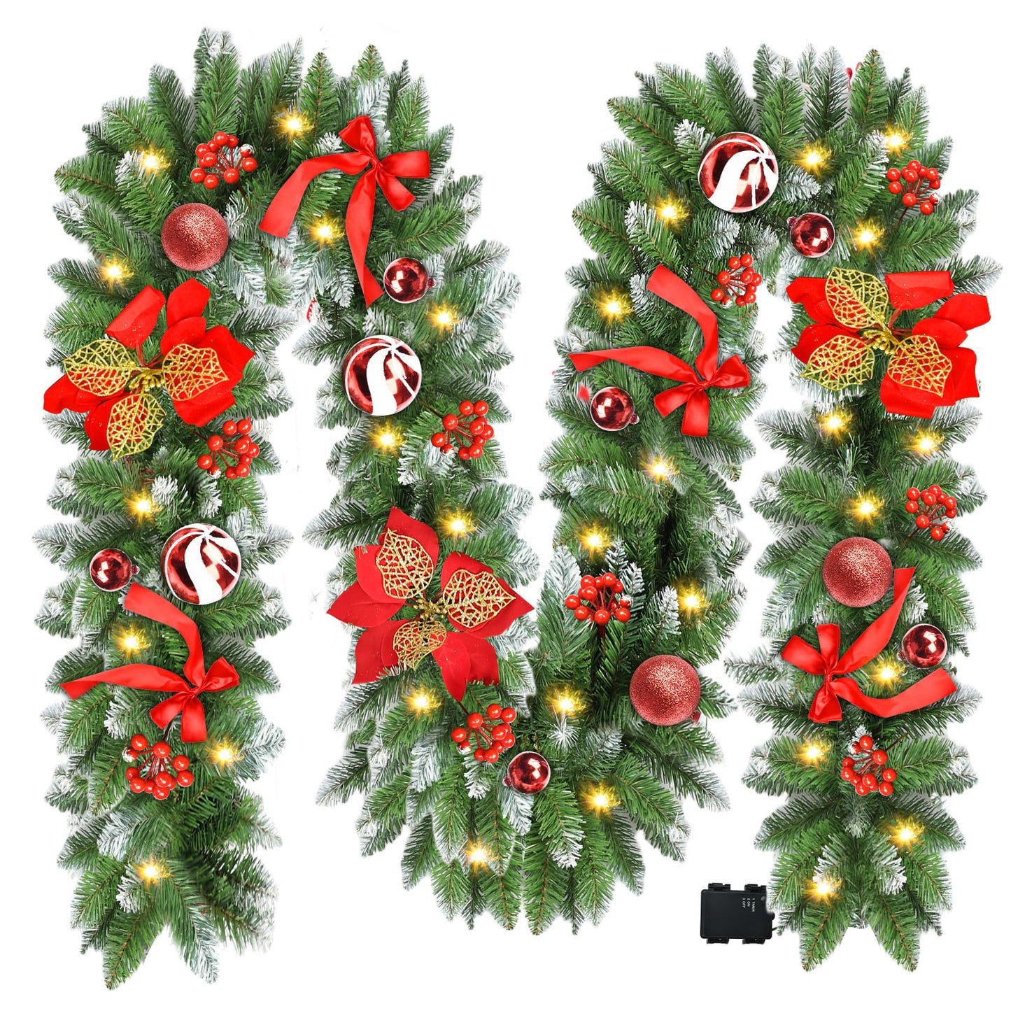 Christmas Garland with Lights, 9ft Battery Operated LED Garland with Timer, 30 Warm White LEDs, Waterproof Christmas Decorations for Indoor Outdoor Mantel, Stairs, Doorway, Window, Porch, Home