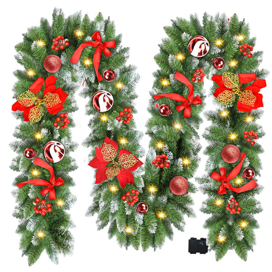 Christmas Garland with Lights, 9ft Battery Operated LED Garland with Timer, 30 Warm White LEDs, Waterproof Christmas Decorations for Indoor Outdoor Mantel, Stairs, Doorway, Window, Porch, Home
