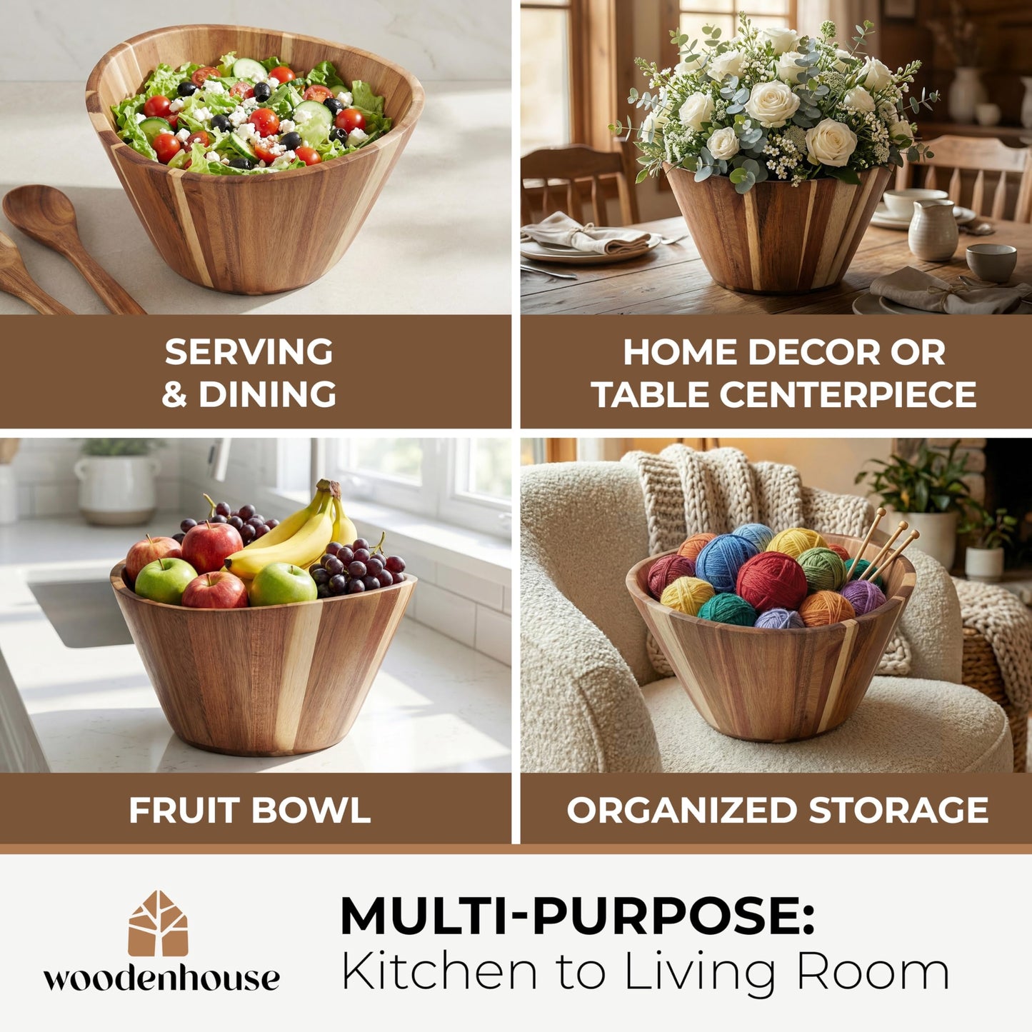 Extra Large Wooden Salad Bowl - Acacia 12” Multi-Purpose Wood Bowls - Decorative Bowls for Home Decor, Storage, Serving, Yarn - Durable Wavy Handmade Design - Wooden Fruit Bowl for Kitchen Counter
