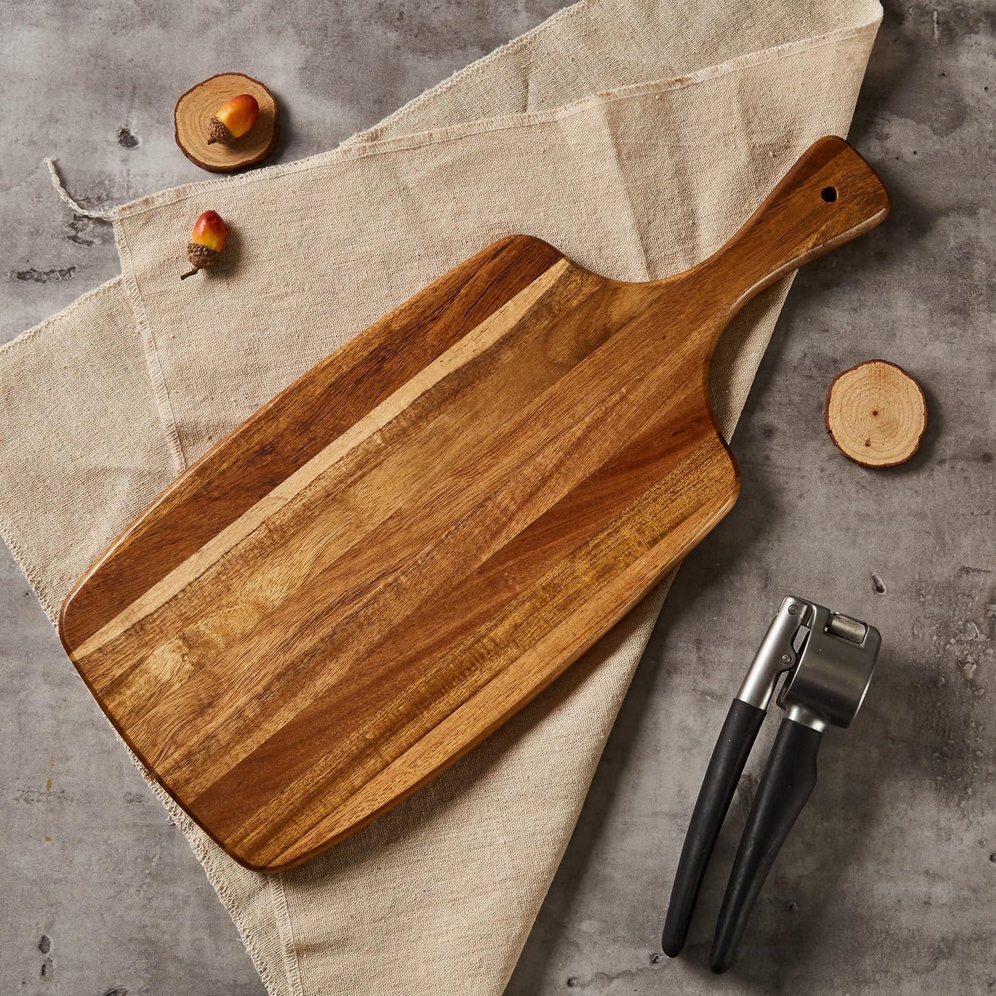 TEIBVG Acacia Wood Cutting Board and Cheese Board with Handle for Braed, Chopping Board, Meat, Fruits and Charcuterie - Decorative Wooden Serving Board for Kitchen, 17x7 Inch