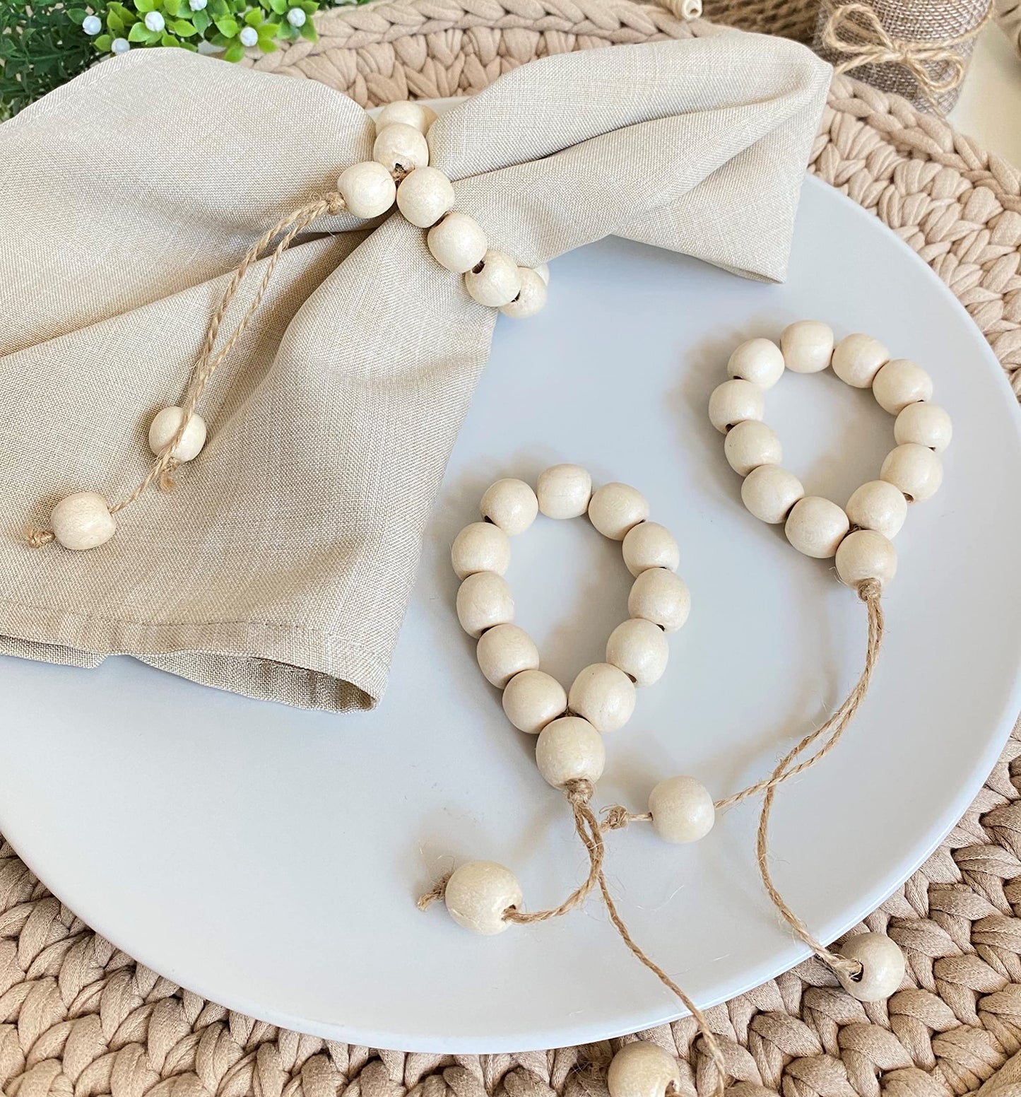 LEBEJUA Handmade Napkin Ring with Wood Beads & Jute Twine - Affordable Rustic Wooden Napkin Ring Holder for Table Decoration | Boho Style Farmhouse Napkin Rings | Napkin Rings Set of 6