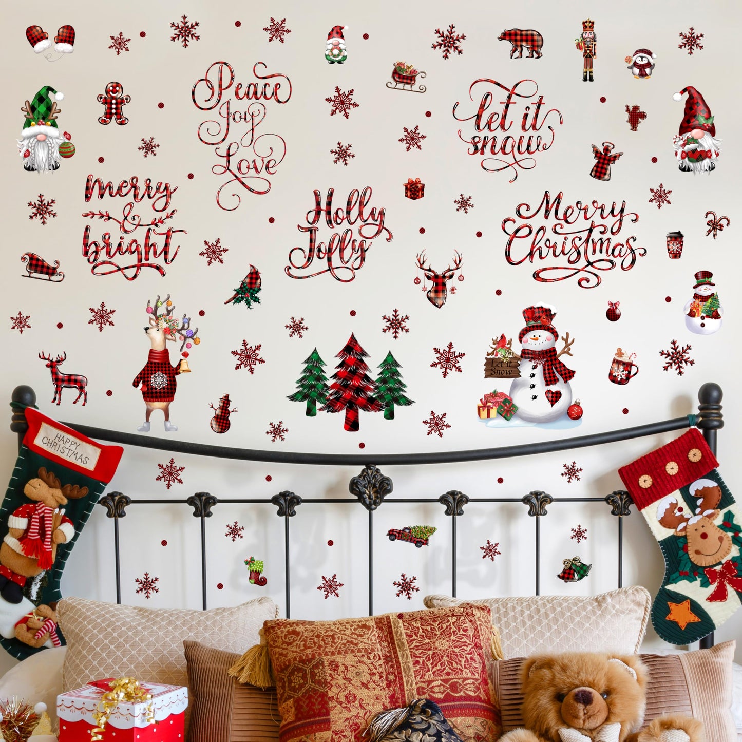 Christmas Wall Stickers Decoration 12 Sheets, Buffalo Plaid Christmas Wall Decals Holiday Letter Trees Decor, Winter Snowflake Vinyl Stickers for Living Room Bedroom Home Office