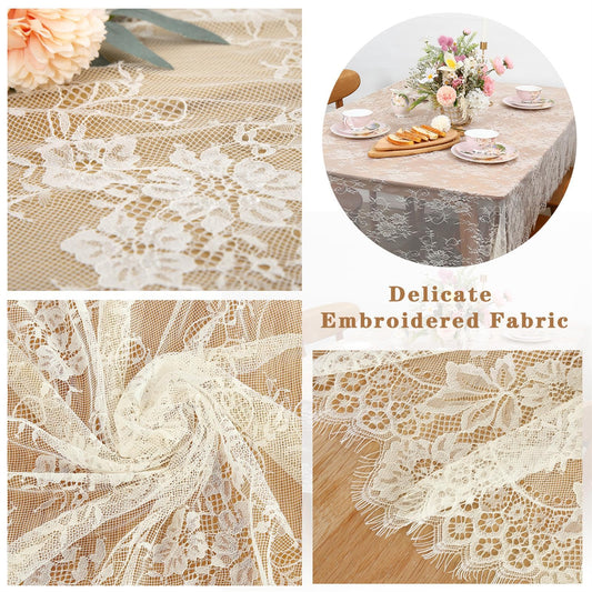 B-COOL Ivory Lace Tablecloth 60 X120 Inches Rectangle Vintage Embroidered Bridal Wedding Tablecloths Sheer Overlay for Rustic Outdoor Party Reception Home Decor