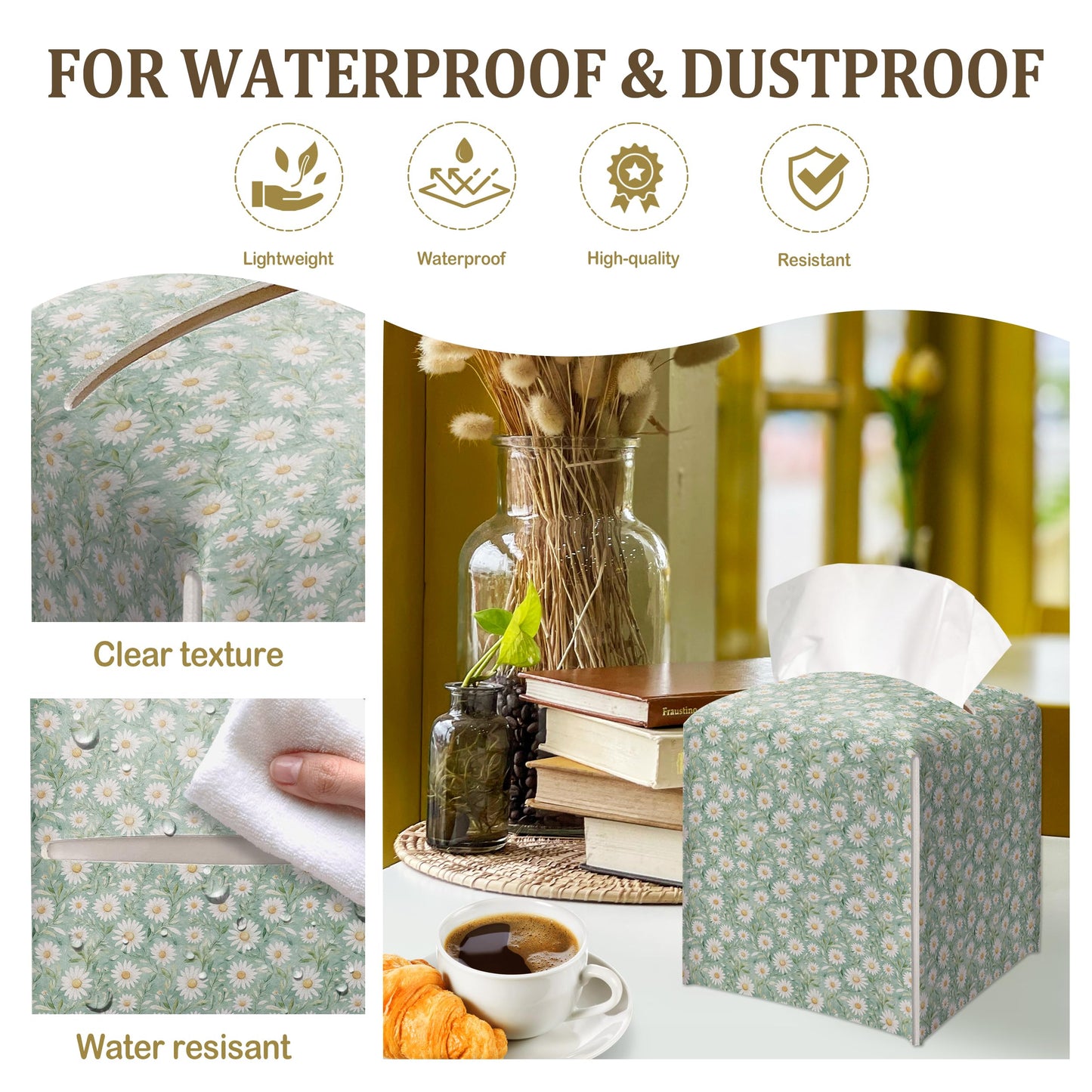 Daisy Sage Floral Decorative Leather Tissue Box Cover - Tissue Box Holder Gifts for Women Family and Friends Funny Unique Home Decor Decorative for Kids Room Kitchen Bathroom Office - A08