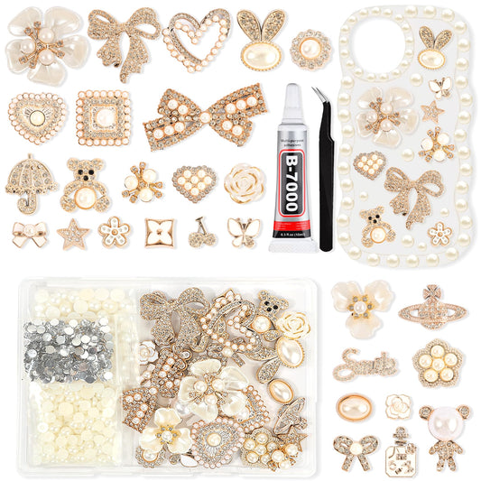 Junk Case Charms Kit with Gule, Junk Phone Case Decorating Kit with Bling Flower Butterfly Flatback Pearls Rhinestone Accessories for DIY Phones Case Deco Making Supplies