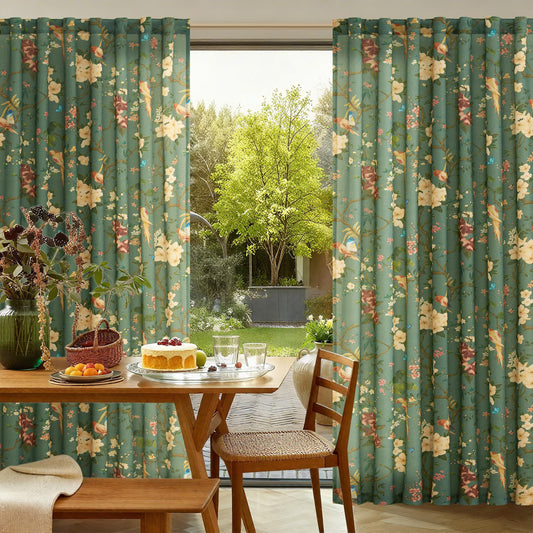 Spring Olive Green Floral Linen Curtains for Living Room 84 Inches Long 2 Panels Back Tab Semi Sheer Light Filtering Vintage Farmhouse Boho Flower Printed Pattern Window Drapes for Dining Room Bedroom
