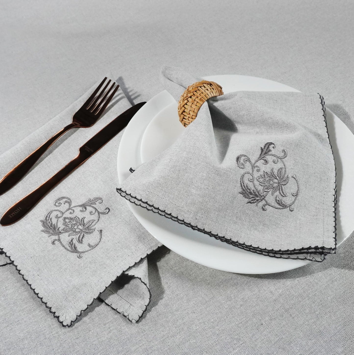 Luxury Embroidered Cloth Napkins – Grey Lily, Set of 6, 18x18 | Grey Dinner Napkins with Floral Embroidery | Elegant Cotton Blend Table Napkins for Holiday Hosting, Weddings