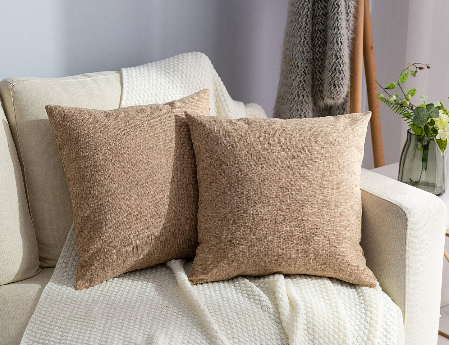 Stellhome Linen Throw Pillow Covers Square Solid Farmhouse Burlap Cushion Covers for Bed Couch Sofa Bench, 16 x 16 inch (40 cm), Natural Linen, Set of 2