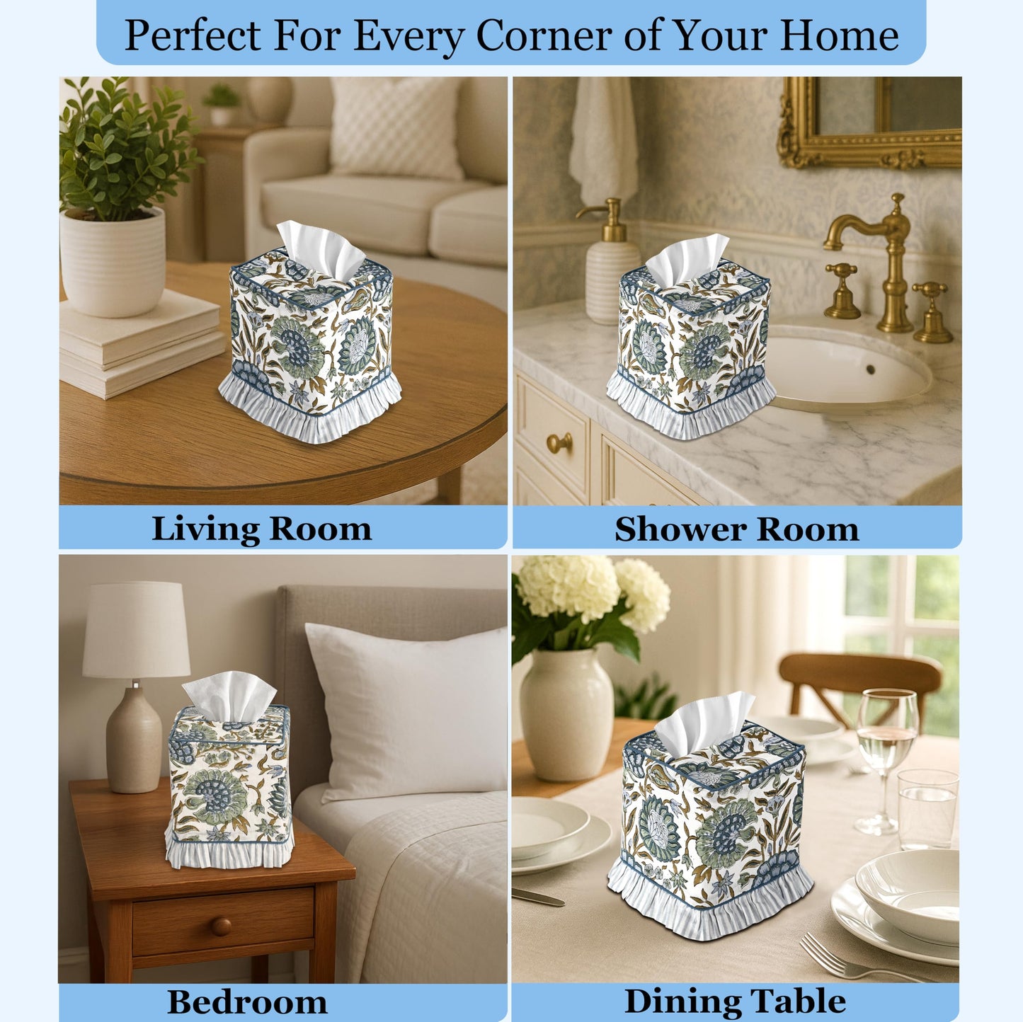Ridhi Asparagus Green Block Print Ruffle Tissue Box Cover Handmade Cotton Decorative Square Napkin Holder for Home Bedroom Living Room Bathroom Vanity Countertop Car Office Kitchen