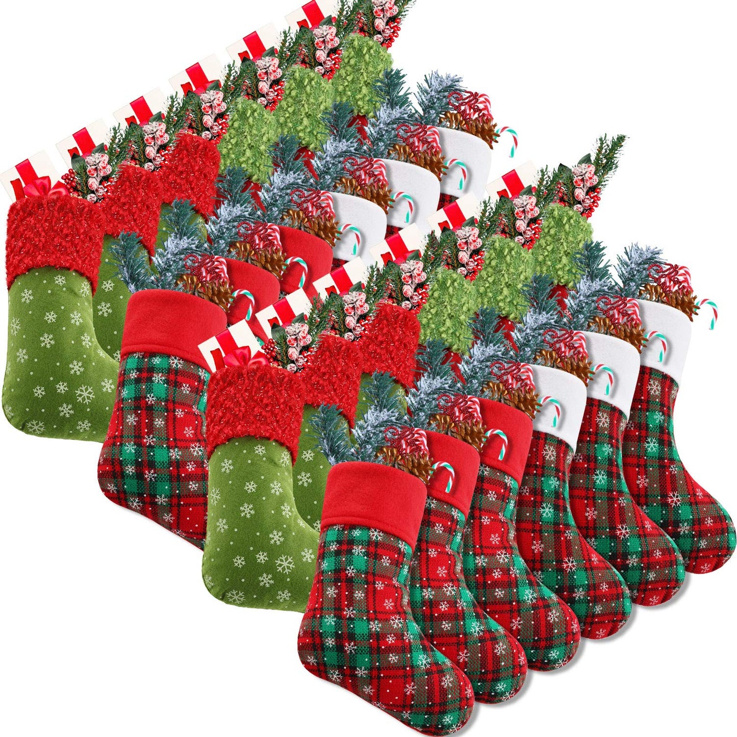 Syhood 24 Pieces 9 Inch Christmas Mini Stockings Plaid Snowflake Christmas Tree Hanging Stocking for Xmas New Year Party Decorations