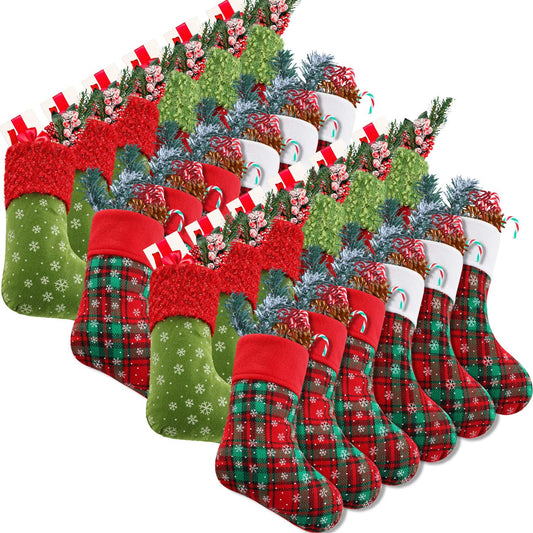 Syhood 24 Pieces 9 Inch Christmas Mini Stockings Plaid Snowflake Christmas Tree Hanging Stocking for Xmas New Year Party Decorations