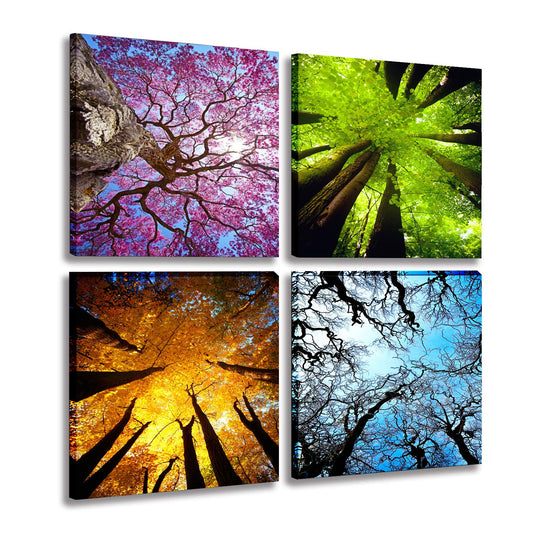 MESESE Art 4 Panels Canvas Wall Art Spring Summer Autumn Winter Four Seasons Landscape Color Tree Painting Picture Prints Modern Giclee Artwork Stretched and Framed for Living Room Home Decoration