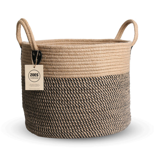 ZOES HOMEWARE 14"x12" Natural Jute Rope Woven Storage Basket with Handles for Plant, Blankets,Toys,Clothes,Shoes - Living Room Home Decor,Multifunctional Basket for Organizer,Picnic,Artificial Tree