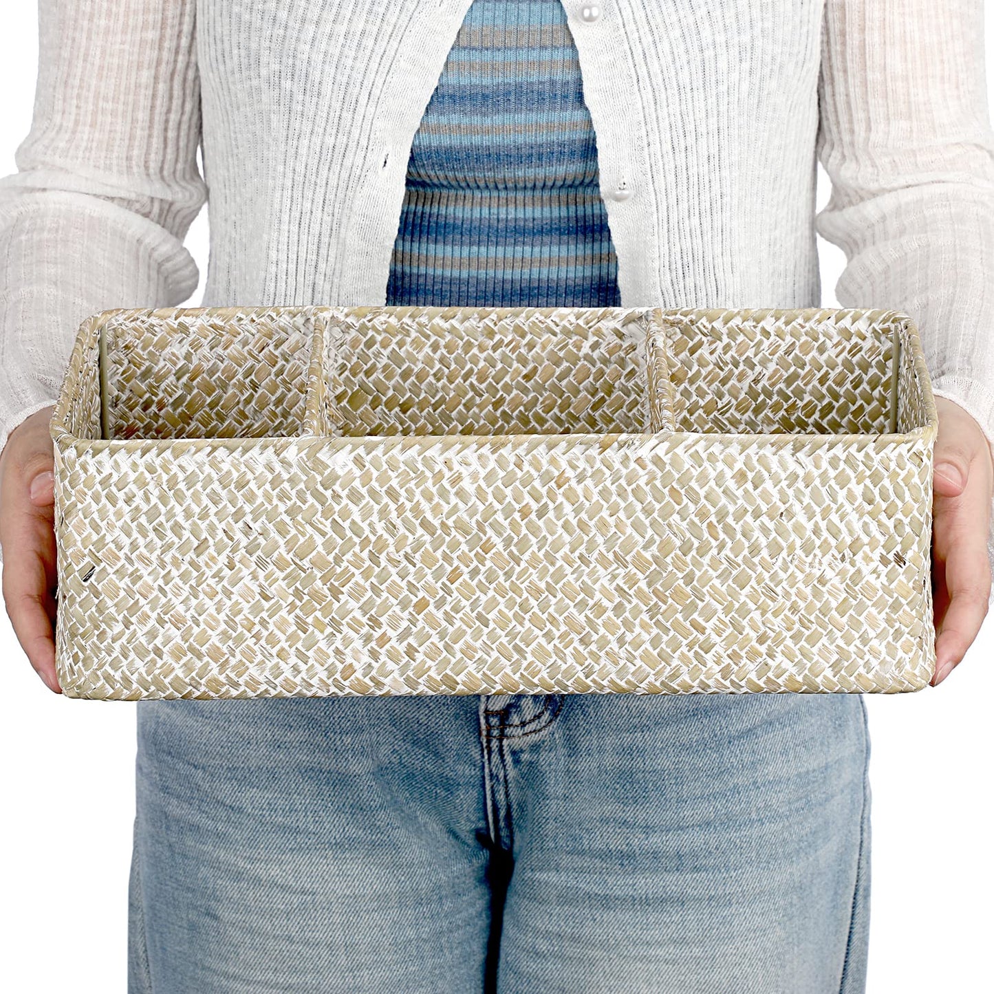 Hipiwe Seagrass Storage Basket Bin- 3 Sections Hand-Woven Toilet Basket Wicker Shelf Basket Bathroom Organizer Bins for Shelves, Kitchen, Pantry, Closets, Toilet Paper Tissue Organizer