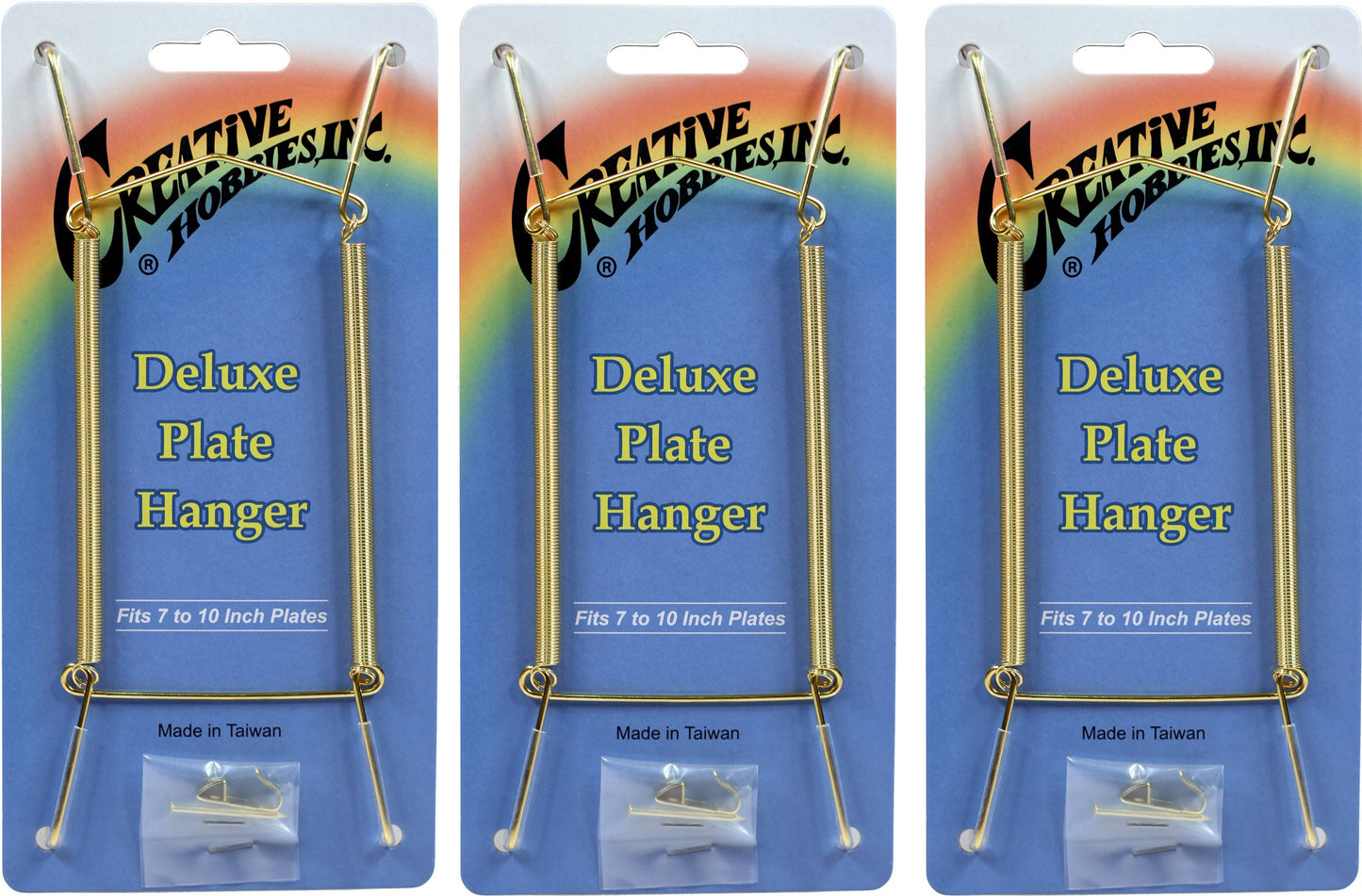 Creative Hobbies® Deluxe Plate Display Hangers, Spring Style - Assembled & Ready to Use - Holds 7 to 10 Inch Plates, Gold Wire Spring Type, Hanger Hooks & Nails Included - Pack of 3