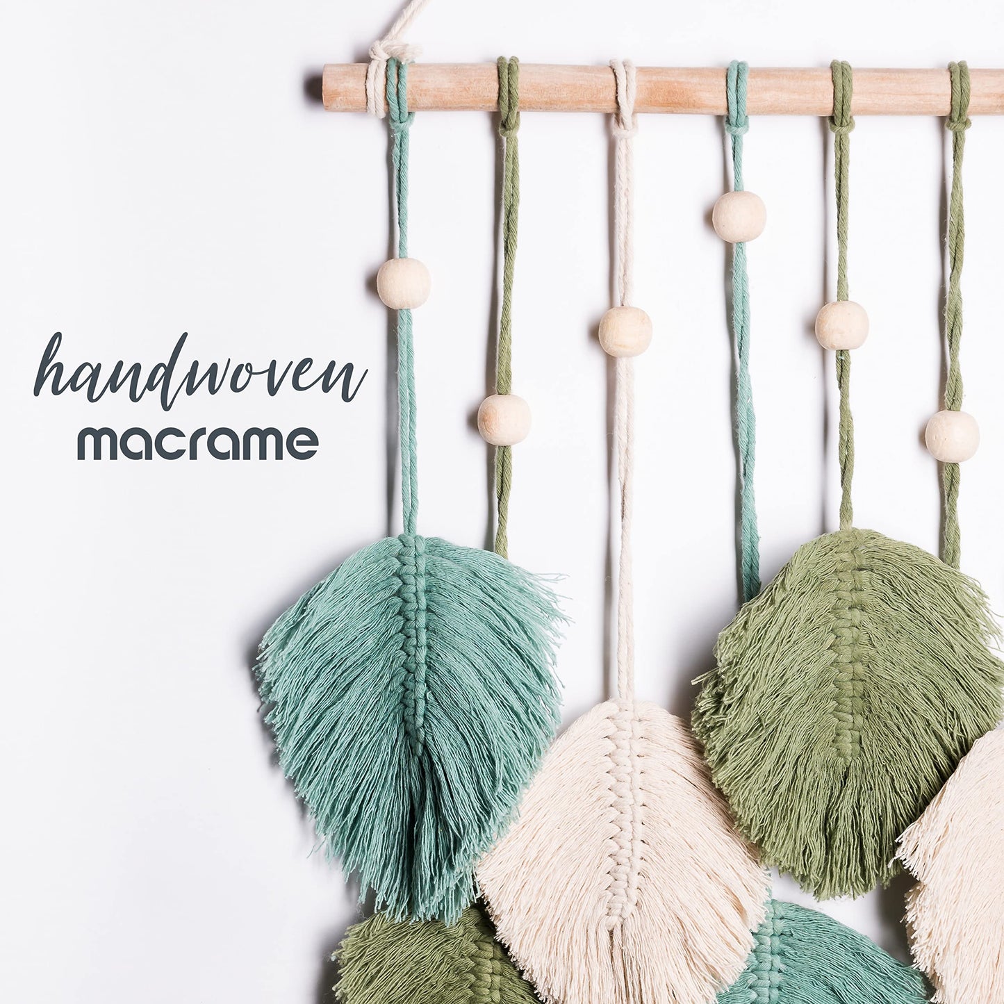 SnugLife Macrame Wall Hanging Leaves - Large Chic Feather Boho Decor, Handmade Yarn Woven Art Leaf Tapestry for Nursery, Bedroom, Living Room, 17 X 22 Inch (Green, Sage Green & Beige)