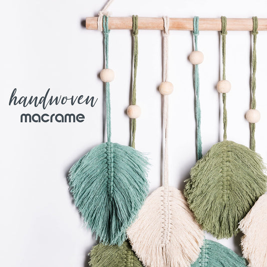 SnugLife Macrame Wall Hanging Leaves - Large Chic Feather Boho Decor, Handmade Yarn Woven Art Leaf Tapestry for Nursery, Bedroom, Living Room, 17 X 22 Inch (Green, Sage Green & Beige)